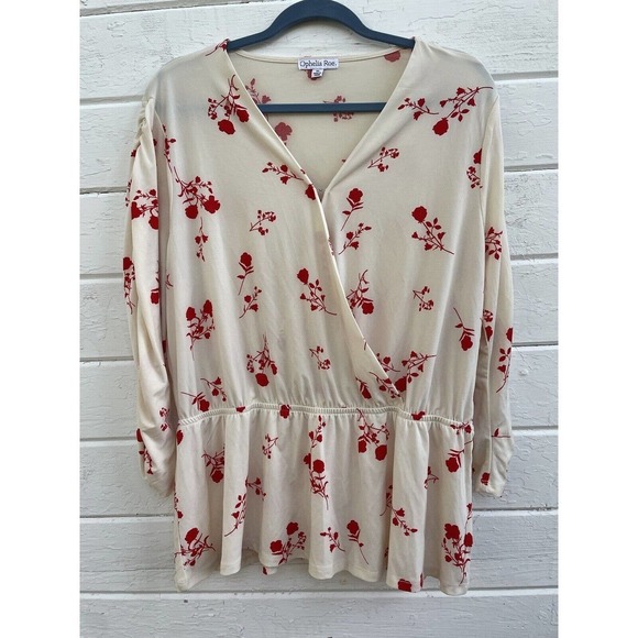 Ophelia Roe Pullover Top Ivory & Red Floral Wrap Long Sleeve Stretch XL Ruched - Picture 1 of 6